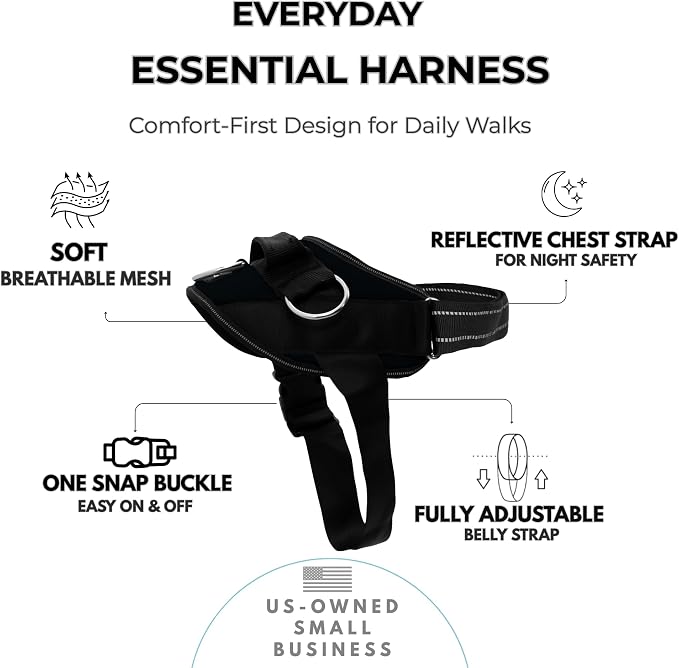 ShawnCo Essential Dog Harness, No-Pull Pet Vest (Midnight,S) | 3 Leash Clips, Easy On, No-Choke, Reflective, Adjustable Fit, Padded Comfort, Control Handle, For Small, Medium & Large Dogs
