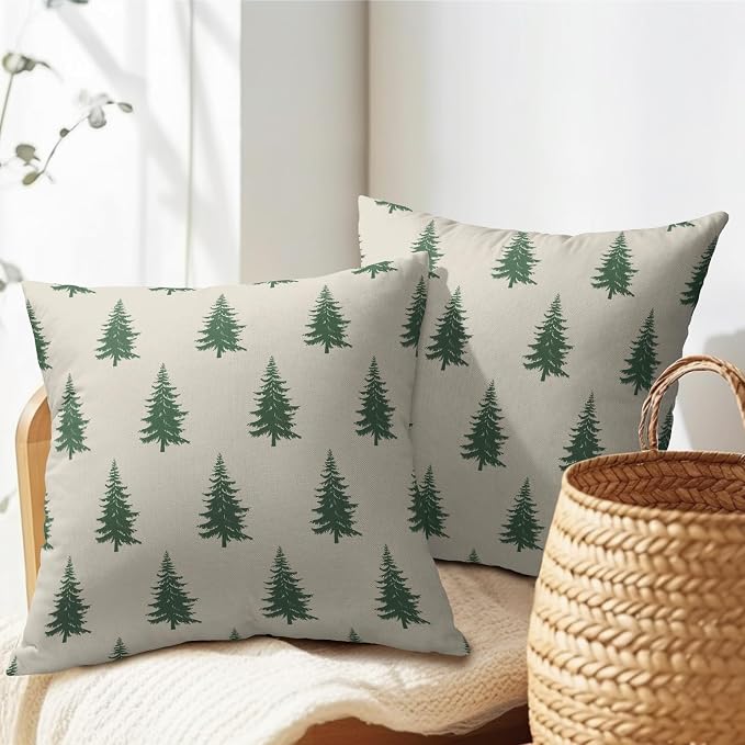 Kawani Christmas Trees Throw Pillow Covers 22x22 Inches, Set of 2 Xmas Pine Tree Cotton Linen Decorative Outdoor Pillowcases Cushion Case for Couch Sofa Home Winter Holiday Decor