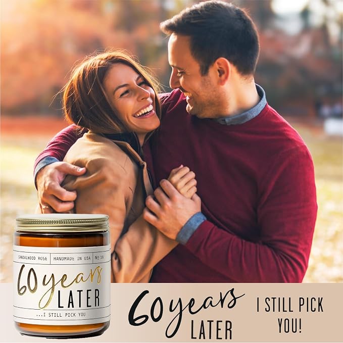 60th Anniversary Gifts - '60 Year Later' Candle, w/Sandalwood Rose - infused w/Essential Oils I 60th Wedding Anniversary Gift Ideas I 60 Year Wedding Anniversary Gifts for Wife I USA Made
