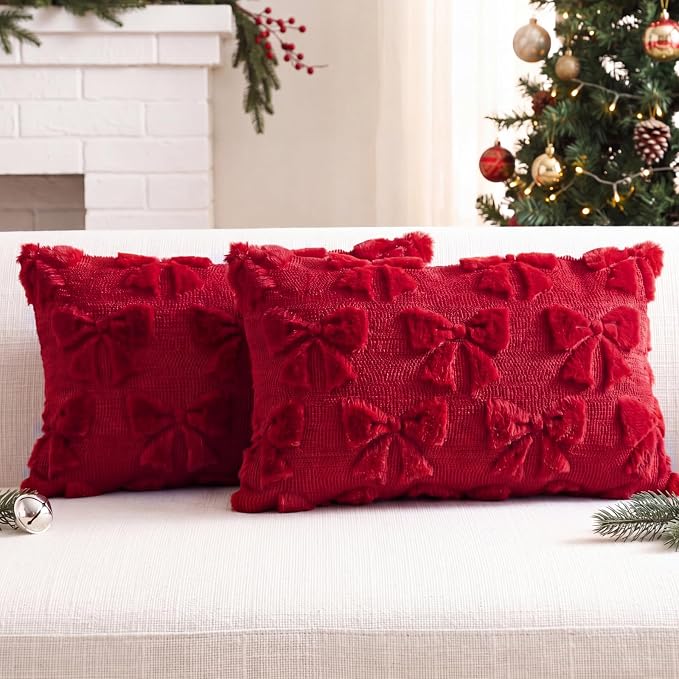 Mixweer Burgundy Bow Pillow Covers Set of 2 Preppy Room Decor Coquette Cute Spring Summer Decorative Faux Fur Soft Bowknot Stuff Fluffy Plush Aesthetic Pillowcase for Bed Sofa Couch (12 x 20 Inch)