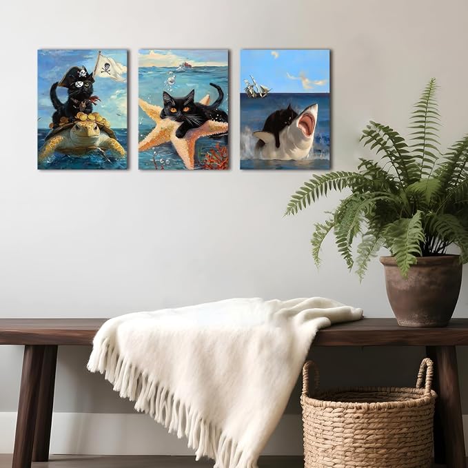 Framed Black Cat Wall Art Funny Cat Shark Turtle Starfish Canvas Wall Decor Ocean Abstract Black Cat Posters Pictures Print for Bedroom Living Room Bathroom 16x24 In