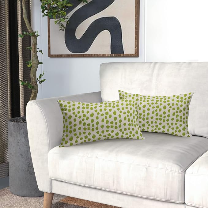 Lime Green Cream Boho Design Polka Dot Throw Pillows 12x20 Set of 2 Modern Brush Strokes Print Decorative Outdoor Pillowcase Lumbar Cushion Cover Linen Pillow Case for Sofa Couch Bed