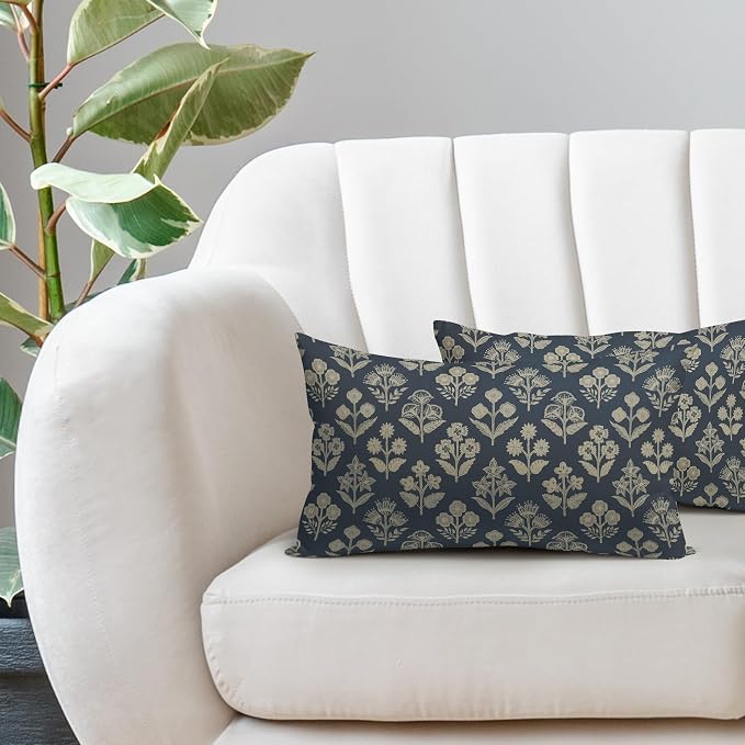 Dusty Blue Pillow Covers 12x20 Inch Set of 2, Cream Floral Block Print Pattern Lumbar Decorative Throw Pillowcases Outdoor Farmhouse Rectangle Cushion Covers Spring Summer Sofa Couch Bed Decor