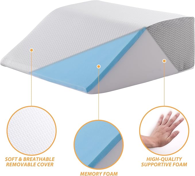 Bedluxe Leg Pillow Elevation Blood Circulation, Wedge Pillow for Legs Swelling, Leg Elevating Wedge Pillow for After Surgery, Foot Knee Pillow for Leg Rest, Sleeping, Memory Foam Top, 8in, White/Grey