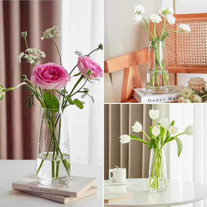 Crystal Clear Glass Flower Vase for Table Centerpiece Home Decor, 8.3inch H | Glass Vases for a Dozen of Flowers, Living Room, Bathroom, Office, Coffee Table, Wedding Decor, Housewarming Valentine Gifts