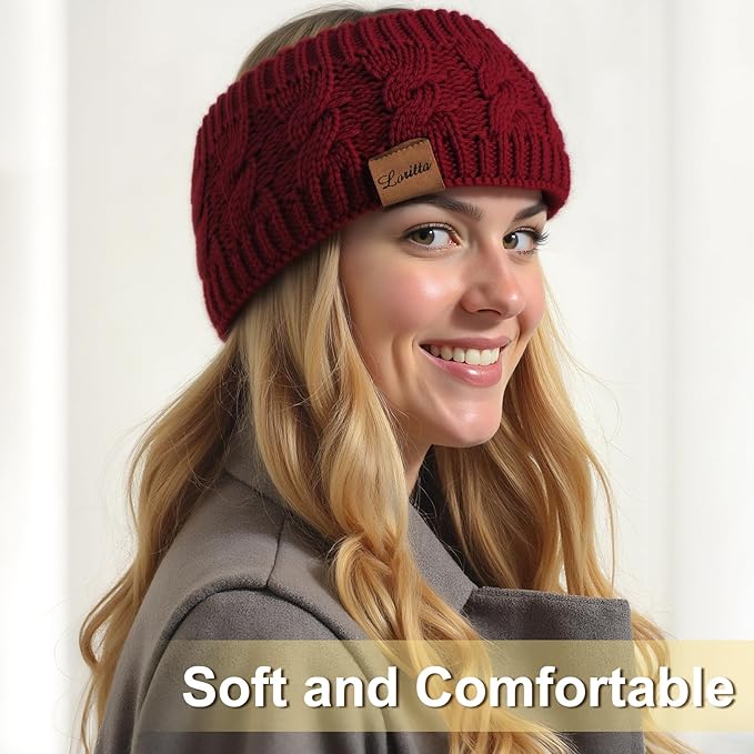 Loritta 2 Pack Headbands for Women Winter Warm Cable Knit Ear Warmer Thick Head Wrap Fuzzy Fleece Lined Gifts