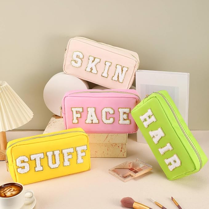 Preppy Makeup Bags Chenille Letter Stuff Bag Nylon Cosmetic Pouch Cases with Zipper for Women Travel Toiletry(Vibrant Color,Classic,4 Pcs)