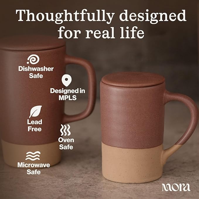 MORA Ceramics Tea Cup with Loose Leaf Infuser, Spoon and Lid, 12 oz, Microwave and Dishwasher Safe Coffee Mug - Rustic Matte Ceramic Glaze, Modern Herbal Tea Strainer - Great Gift for Women, Oat