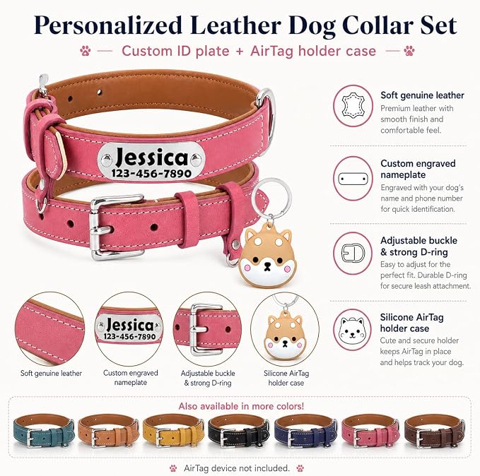 Personalized Leather Dog Collar with AirTag Holder Case, Custom Engraved Nameplate Dog Collar, Adjustable Genuine Leather Soft Padded Dog ID Collar for X-Small Small Medium Large X-Large Dogs-Pink-M