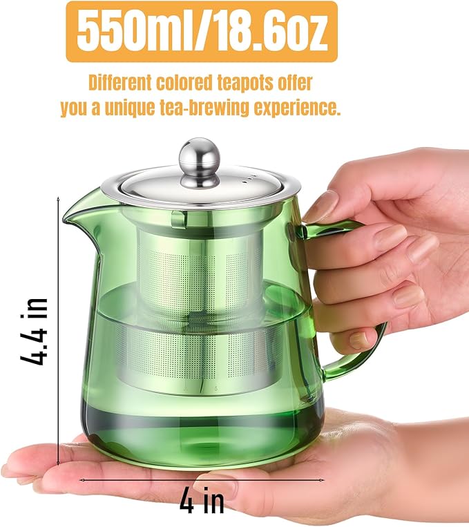 PARACITY Glass Teapot Stovetop 32OZ, Borosilicate Clear Tea Kettle with Removable 18/8 Stainless Steel Infuser, Teapot Blooming and Loose Leaf Tea Maker Tea Brewer (Green, 550ML)