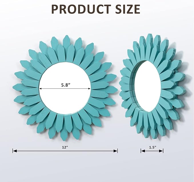 Beach Wall Decor Mirror 12 inch Wood Coastal Wall Decor Sunburst Boho Home Decor Room Decor for Bedroom Living Room Bathroom Cyan