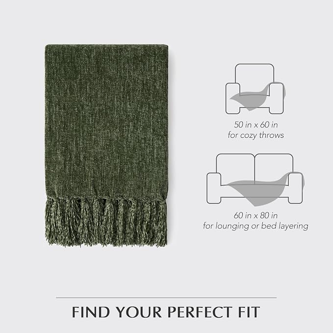 Chenille Knit Throw Blanket for Couch, 60"x80", Olive Green | Cozy Plush Fuzzy Knittd Throw with Tassels, Lightweight, Decorative, Farmhouse Decor, Ideal for Bed Sofa Gift, All Seasons