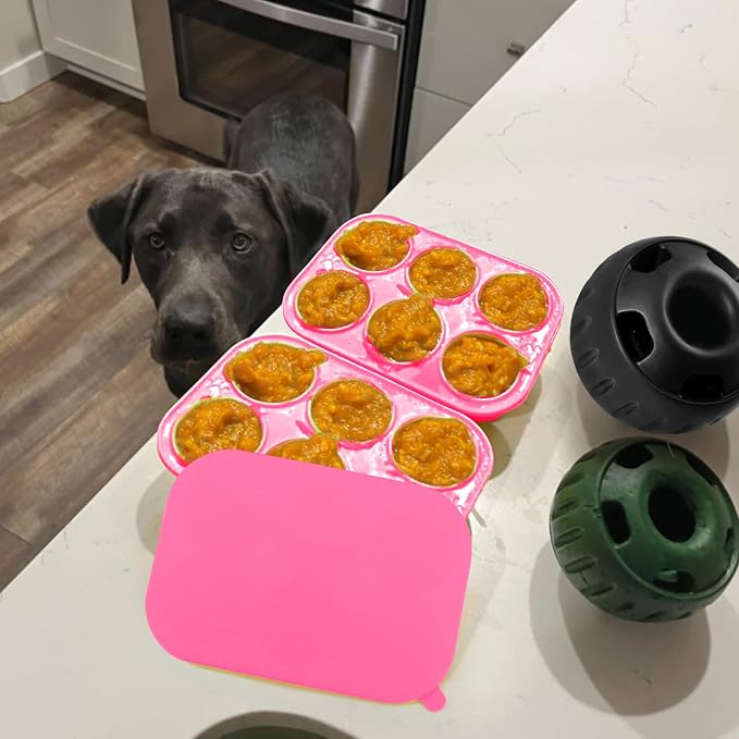 BABORUI 6 Cavities Silicone Dog Treat Molds with Lid for Woof Pupsicle & WOOF Party Pupsicle Large 25-75lbs, Reusable Silicone Popsicle Molds for Making Mix Refills Pops Popsicle Treats (Pink L & Lid)