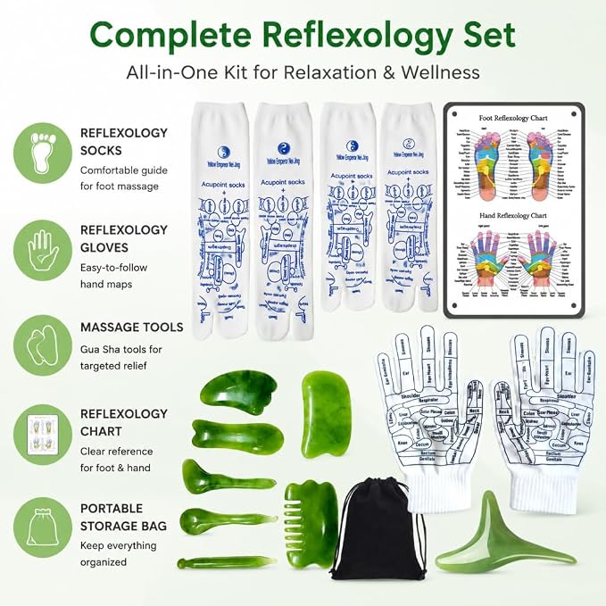 Reflexology Socks and Gloves Set with 8 Jade Massage Tools, 16 Pcs Acupressure Foot Massage Socks for Women & Men, Professional Foot Relief Massager Kit with Reflexology Chart & Bag