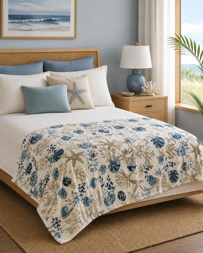 Coastal Ocean Beach Throw Blanket, Blue Gray Taupe White, 50x70 Oversized | Soft Plush Velvet Fleece, Seashell Beach Hues, Accent for Sofa Couch Chair Bed or Dorm, Washable & Durable, Extra Large Size