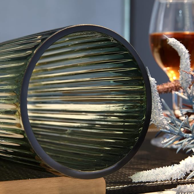 Small Cylinder Ribbed Green Glass Flower Vase for Farmhouse Dining Table Centerpieces Decor