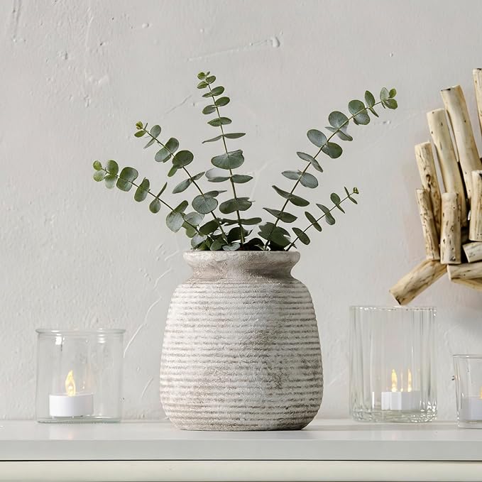 Ceramic Flower Vase, Small Vase Rustic Farmhouse Vases Home Decor Short Pottery Decorative Pampas Vase for Table Living Room Entryway Mantel Bookshelf Bedroom Bathroom Kitchen - 6" D
