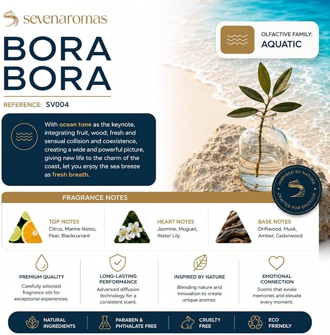 SevenAromas Bora Bora | 145ml 5oz Hotel Scent Diffuser Oil | Aquatic | Ginger, Lavender & Cedar Amber | Luxury Home Aromatherapy