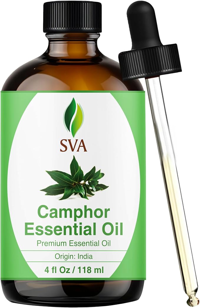 SVA Camphor Essential Oil 4 Fl Oz – for Diffuser, Skin & Hair Care – Ideal for Massage & DIY Blends – with Dropper