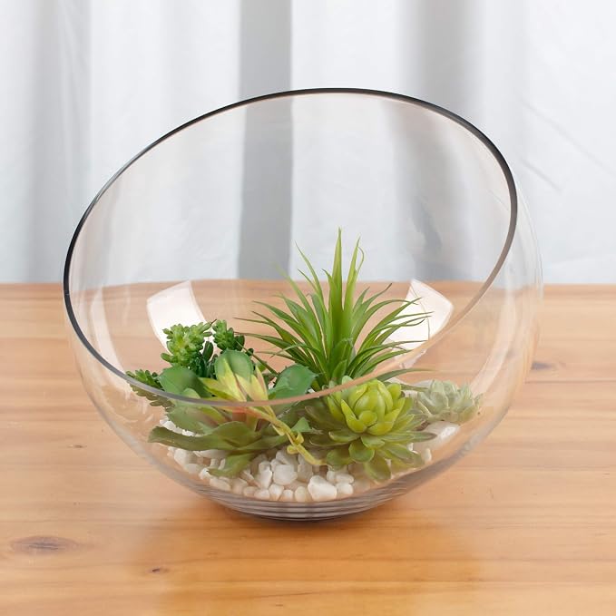 WGV Slant Cut Bowl Glass Vase Bulk, Width 11", Height 9.5", Clear Terrarium, Candy Dish, Fruit Jar, Floral Container for Wedding Party Event, Home Office Decor, 2 Pieces