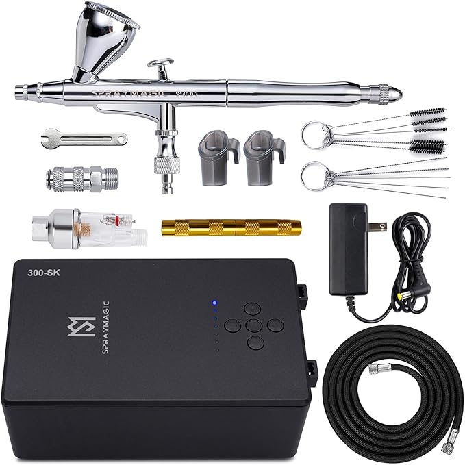 SprayMagic Airbrush Kit with Air Compressor, 55PSI High Pressure Dual-Action Air Brush Gun, Airbrush Spray Gun Set for Models Painting, Makeup, Cakes, Tattoo, Nails Art