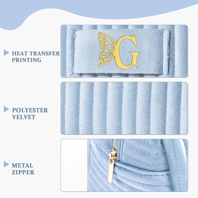 COSHAYSOO Travel Makeup Bag Quilted Make Up Pouch Initial Cosmetic Case with Butterfly Decor for Women SPF Sunscreen Contour Stick Beauty Blender Highlighter Concealer Organizer Blue Letter G