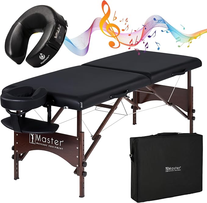 Master Massage 28" Argo Portable Massage Table with Extra Music Master Crescent Round High Fidelity Sound Face Cradle Cushionin - Black