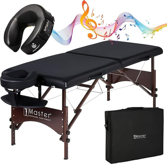 Master Massage 28" Argo Portable Massage Table with Extra Music Master Crescent Round High Fidelity Sound Face Cradle Cushionin - Black