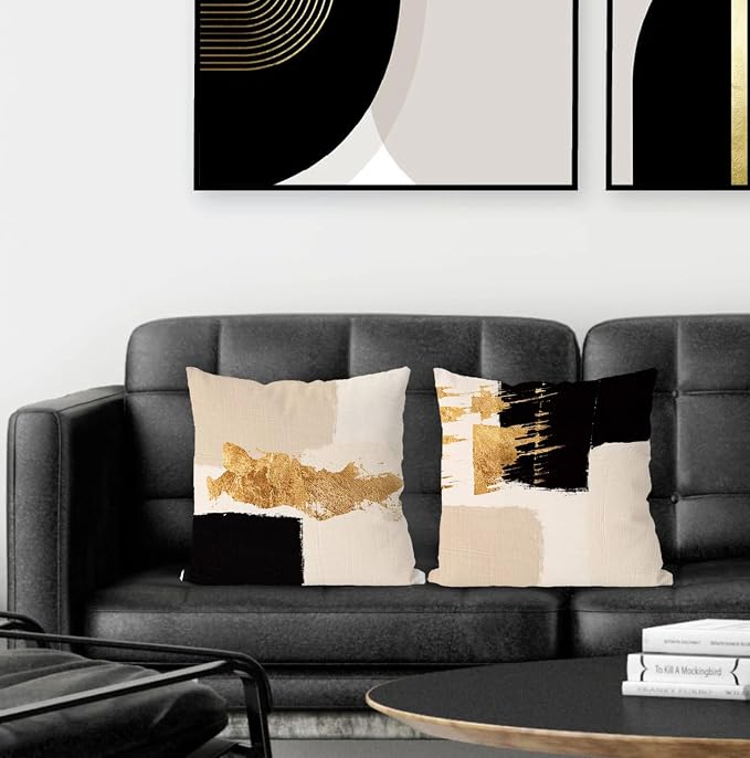Black Beige Gold Pillow Covers, Abstract Black and Gold Pillow Covers 18x18 Set of 2, Modern Boho Home Decor, Black and Gold Pillows Decorative Throw Pillows for Couch Living Room Bedroom