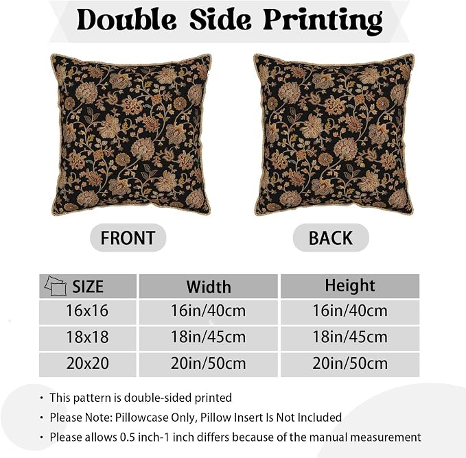 Vintage Tapestry Floral Soft Velvet Throw Pillow Covers Set of 2 Black Brown Bohemian Boho Carpet Flowers Decorative Pillow Covers 20x20 Inch Rustic Retro Rug Pillow Case For Sofa Couch Home Decor