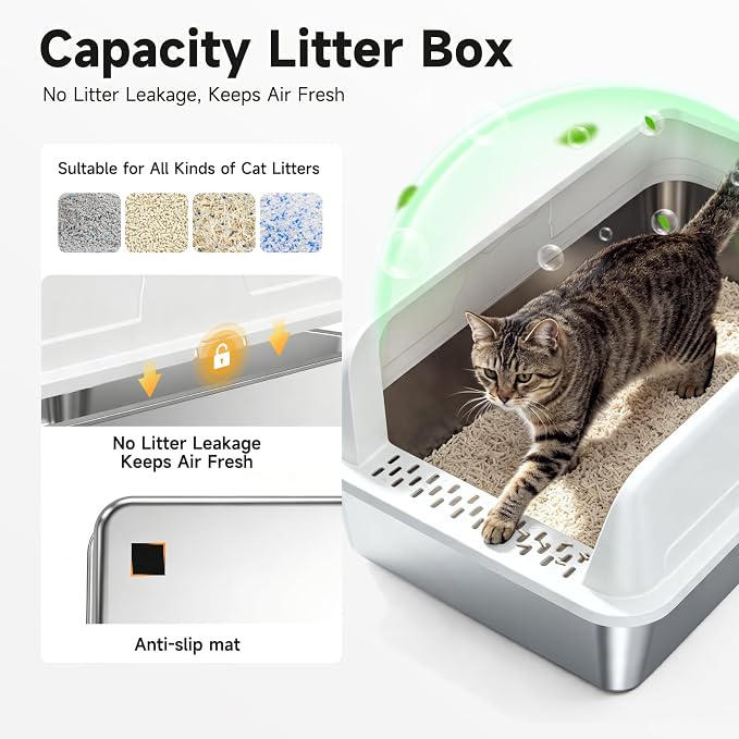 High-Sided Stainless Steel XL Cat Litter Box for Cats | High-Sided Design Prevents Urine Leakage,Non-Stick,Easy to Clean,Includes Scoop,White