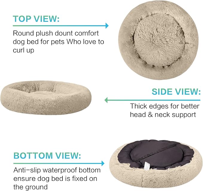 SAVFOX 54 inches Calming Donut Dog Bed - 3X Durable Plush Faux Fur, Machine Washable & Non-Slip, Fits up to 210 lbs, Removable Cover, Beige