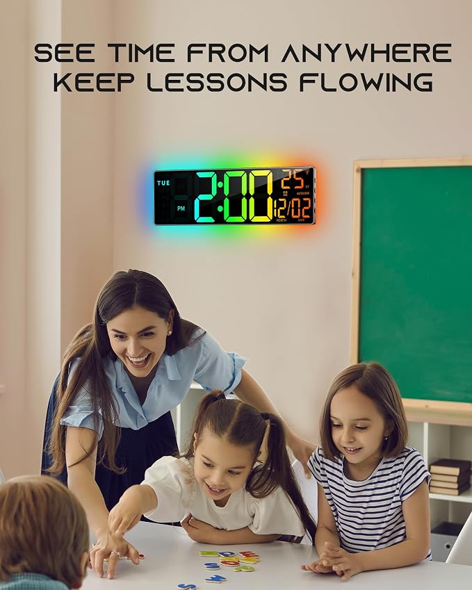 EASYERA 16.5" Large Digital Wall Clock with BT Sync,11 RGB Lights | Classroom Clock Remote Control, Big LED Display, Dual Alarms, Auto DST, Temperature | Gaming