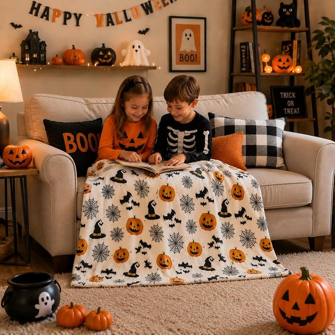Halloween Fleece Throw Blanket, Witch Hat, Bats, Webs & Pumpkins, 50x60 in | Ultra-soft cozy flannel fleece, for sofa couch bed chair & dorms, spooky Halloween décor, durable and machine washable.