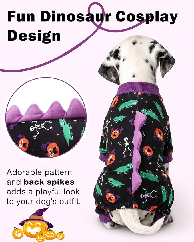 CuteBone Dinosaur Costume Halloween Dog Pajamas, Stretchy Spandex Crystal Velvet Sleepwear Coat for Small Dogs, Soft & Warm Pet Outfit Clothes for Cold Weather, Cozy Pullover Design COSP25L