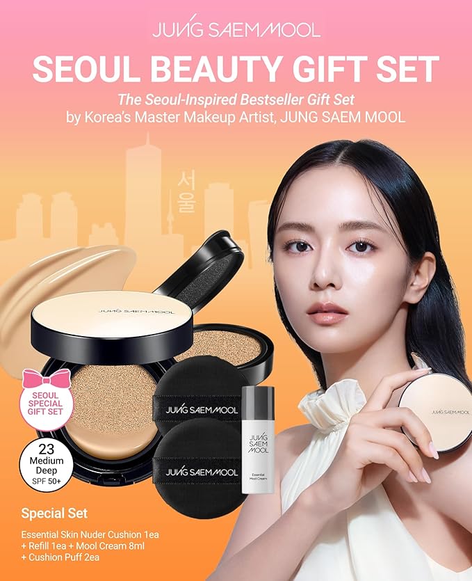 JUNG SAEM MOOL Essential Skin Nuder Cushion | Natural Finish, Buildable Coverage Cushion Foundation by Korean Makeup Artist (Refill Included, SPF 50 | Gift Set with Mool Cream & Puff), 23 Medium Deep