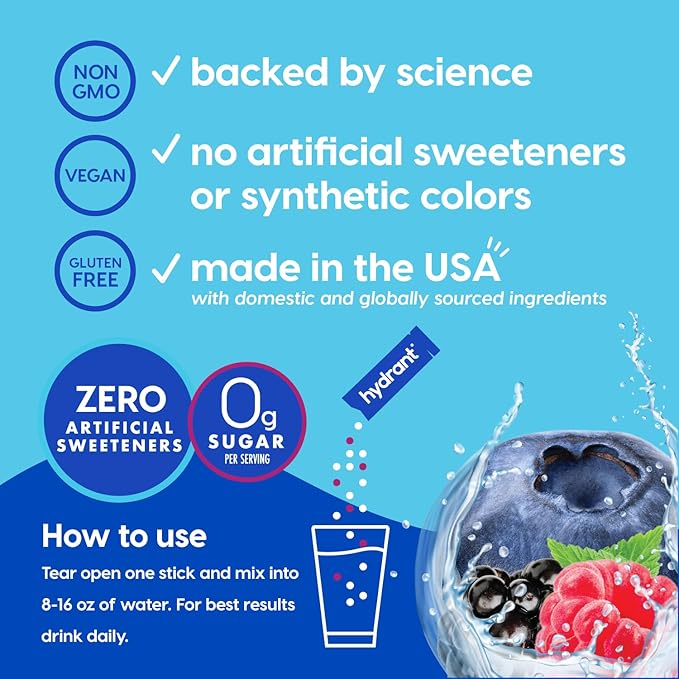 Hydrant - Hydration Powder, Berry Burst Flavor, 30 Individual Sugar-Free Instant Electrolyte Rehydration Packets - Zero Sugar Drink Mix for Daily Use, Travel & Workouts