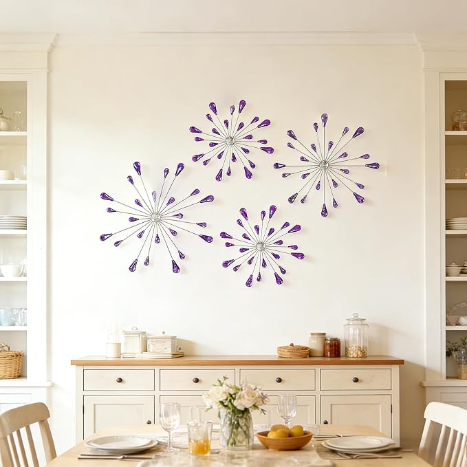 ZEXUIRU 4 Set Silver Starburst Wall Art for Home Decor Metal Bling Crystal Rhinestones Sunburst Wall Decor Sparkling Rhinestone Art Accent -Purple 13in/11.8in/9.8in/9.8in