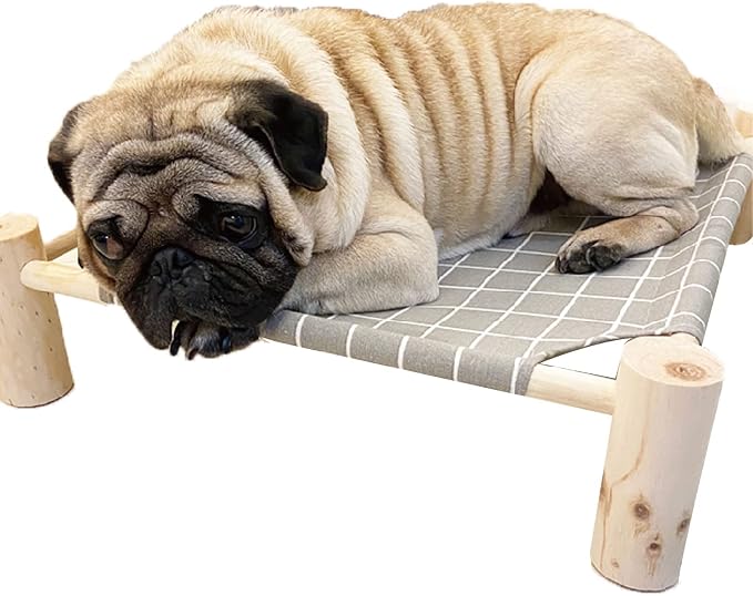 Pozico Elevated Cat Bed for Small Dogs & Cats – Raised Pet Hammock Bed, Wooden Frame Indoor Outdoor Dog Cot, Breathable Mesh Puppy Bed, Portable Cat Lounger – Grey Grid