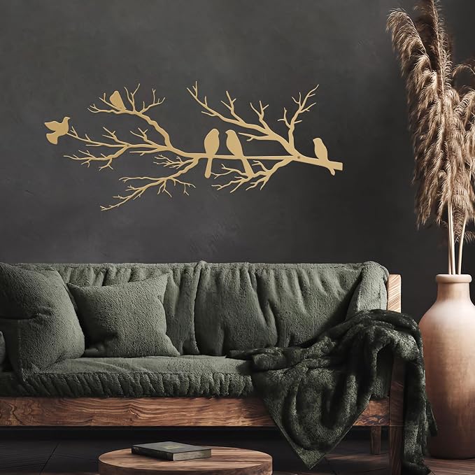 ESTART Metal Birds Wall Art, Metal Vivid Birds on Branch Silhouette Wall Decor Gold Leaves with Bird Outdoor Hanging Wall Sculpture for Home Living room Bedroom Balcony Garden (Gold, Small)