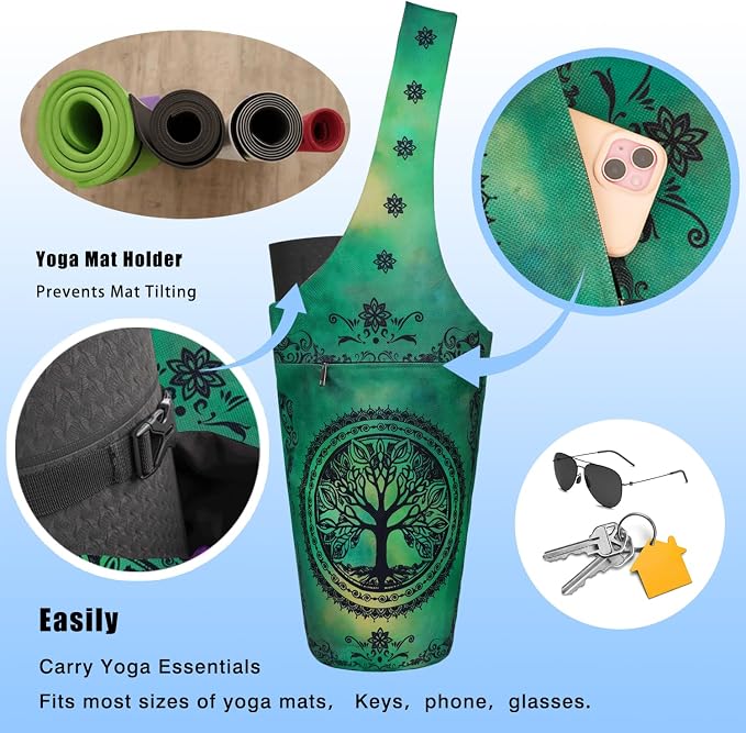 Yoga Mat Bag - Large Opening Long Tote Yoga Mat Carrier Holder Bag with Waterproof Wet Zipper Pocket and Drawstring Water Bottle Pocket - Yoga Bag Fit Most Size Mats