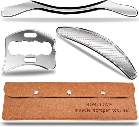 Professional Stainless Steel Muscle Scraper Tool Set, 3-Piece, Scraping Tool Physical Therapy and Myofascial Release Tools 14inch Long bar(Double Edge)