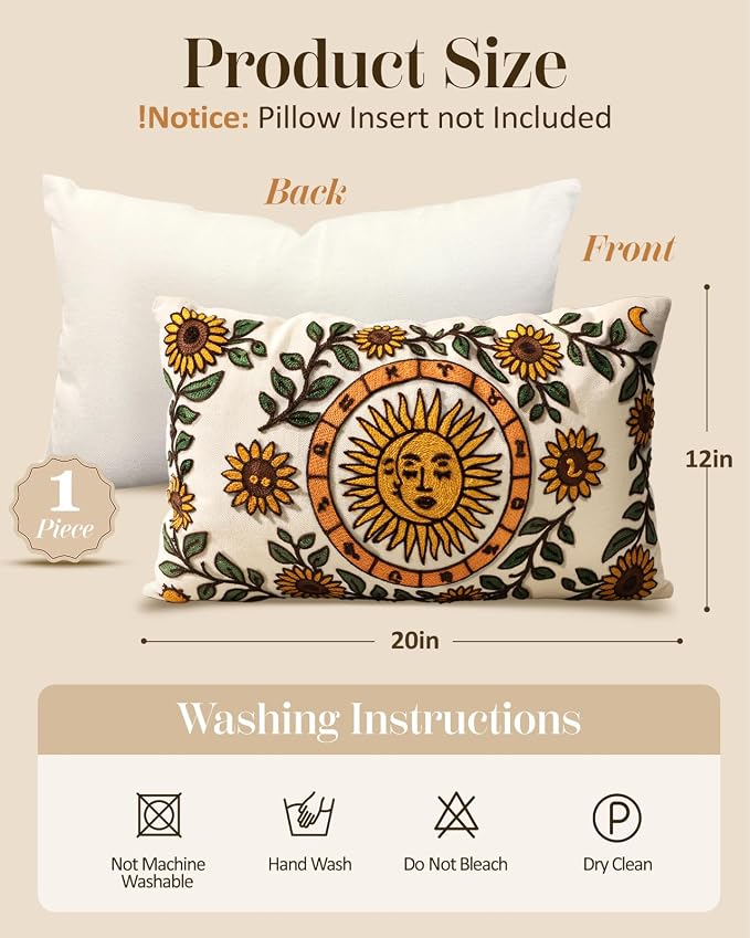 Embroidered Lumbar Pillow Cover 20x12 Inch, Sunflower Moon | Decorative Throw Pillow Cover, Farmhouse Boho Cushion Case with Hidden Zipper, Autumn Decor for Couch, Sofa, Living Room