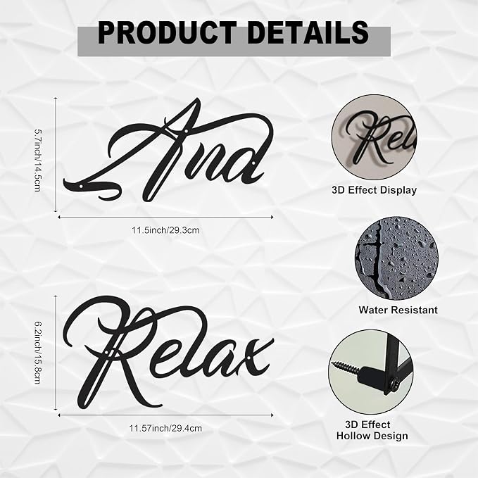 And Relax Metal Wall Art, 3D Black Letter Sign for Bathroom & Spa Decor | 3D black metal "And Relax" letter sign, calming spa-inspired decor for bathrooms, bedrooms, or zen spaces