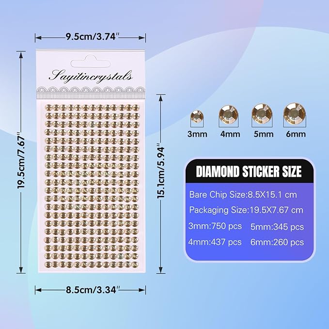 8 Sheets Rhinestone Stickers，3584 Pcs Gem Stickers for DIY Face Eyes Makeup Hair（Shallow Golden-3/4/5/6mm）