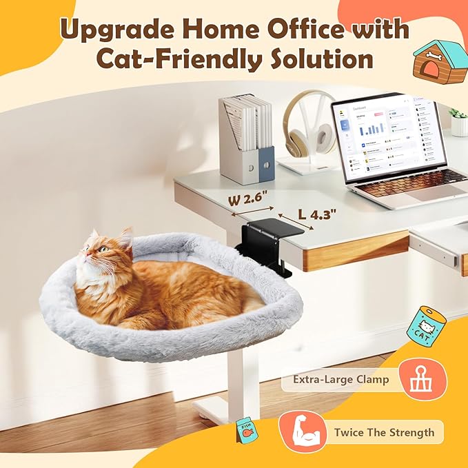 Extra-Sturdy Cat Desk Bed with Heavy-Duty Clamp | Sunken Hammock Design & Soft Faux Fur, Removable & Washable Cover, Holds Up to 40lbs, Space Saving Cat Perch
