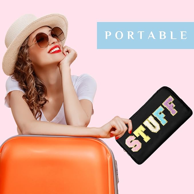 Preppy Makeup Bags Chenille Letter Stuff Bag Nylon Cosmetic Pouch Cases with Zipper for Women Travel Toiletry(Cute Color,Vivid,4 Pcs)