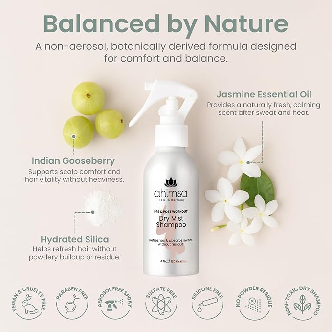 Ahimsa Non Aerosol Dry Shampoo Mist Spray, No White Residue Dark Hair Post Workout Dry Shampoo for Sweat, Oil & Odor Control - Cruelty Free - Vegan - Liquid & Quick Dry, Jasmine Scent (4oz)