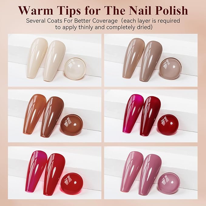 Nail Polish Set 6 Colors Quick Dry Nail Lacquer Non Gel Nude Brown Red Air Dry Fingernail Polish Regular Sheer Colors DIY Salon Gift for Women