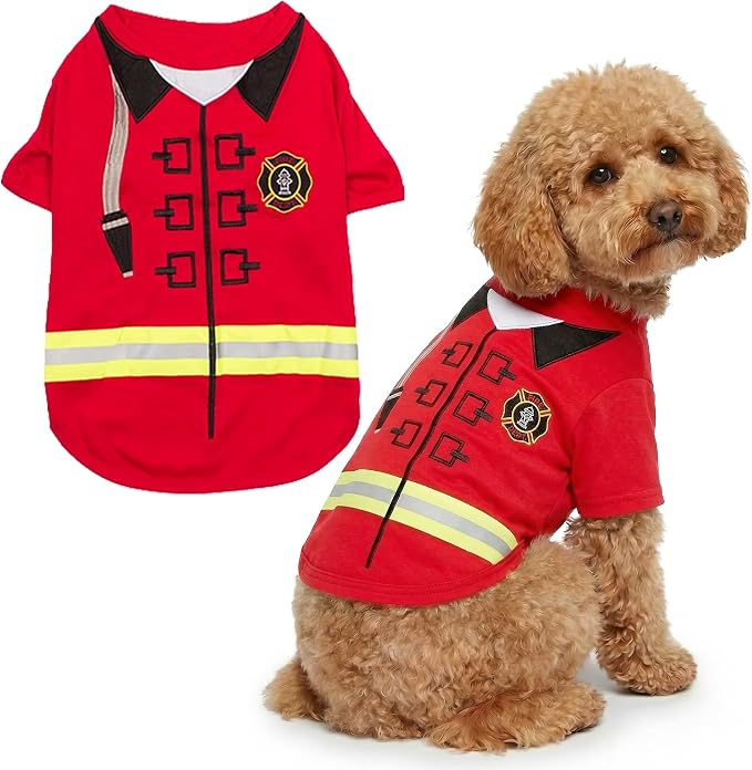 Parisian Pet Dog Costume - 100% Cotton Firefighter Dog Clothes for Large Dogs - Lightweight Puppy Outfits - Funny French Bulldog Clothes - Sleeved Red Shirt for Dogs - Stretchy Pet Costume